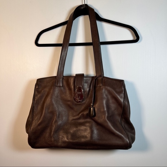 Calvin Klein Handbags - CALVIN KLEIN Shoulder bag with clasp closure. Brown pebble leather. Key fob